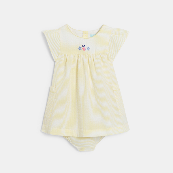 فستان مخطط من قماش السيرساكر باللون الأصفر للفتيات الصغيرات